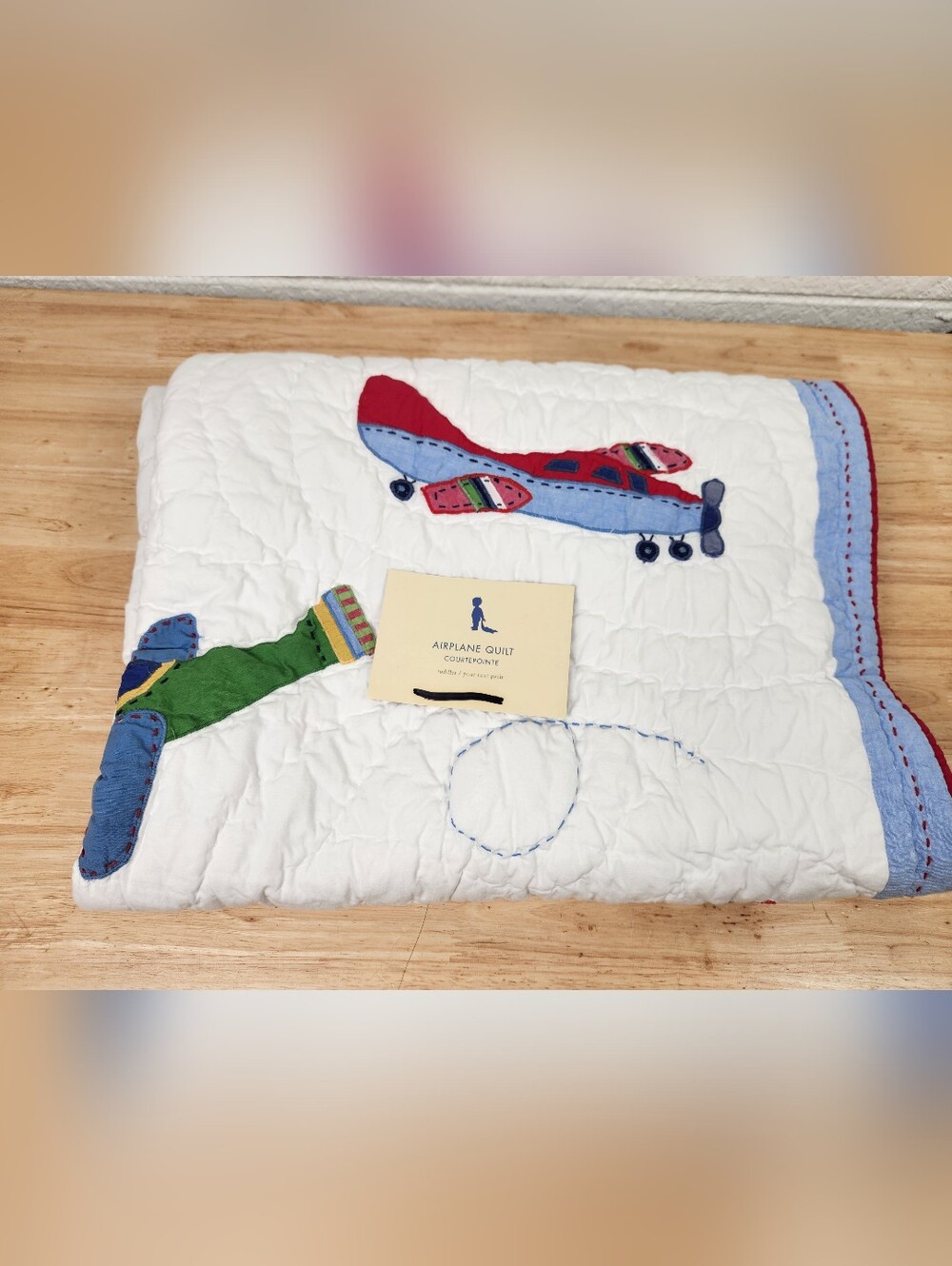 Pottery Barn Kids Airplanes Crib/Toddler Quilt 50x36 NOS Embroidered Flight Flaw